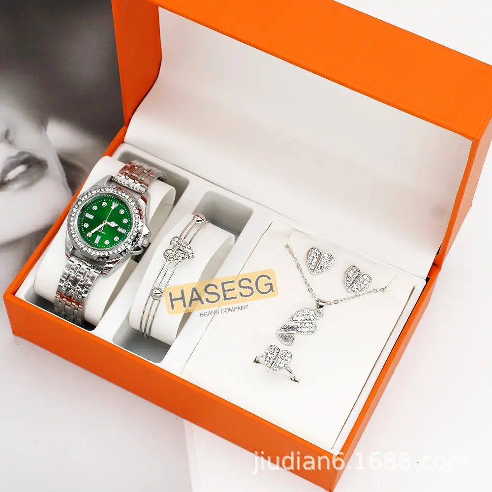 Women's Green Quartz Watch with Diamond Chain Necklace Set — feature 5