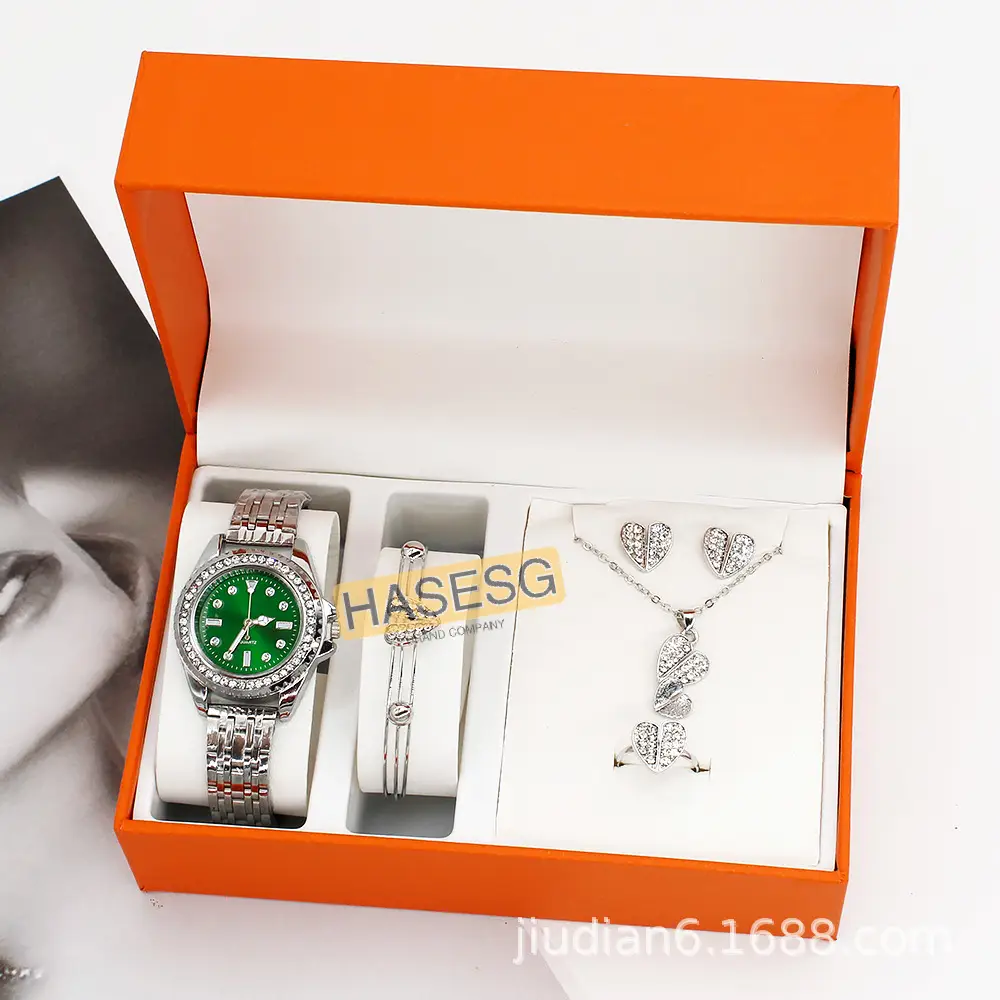 Women's Green Quartz Watch with Diamond Chain Necklace Set — feature 6