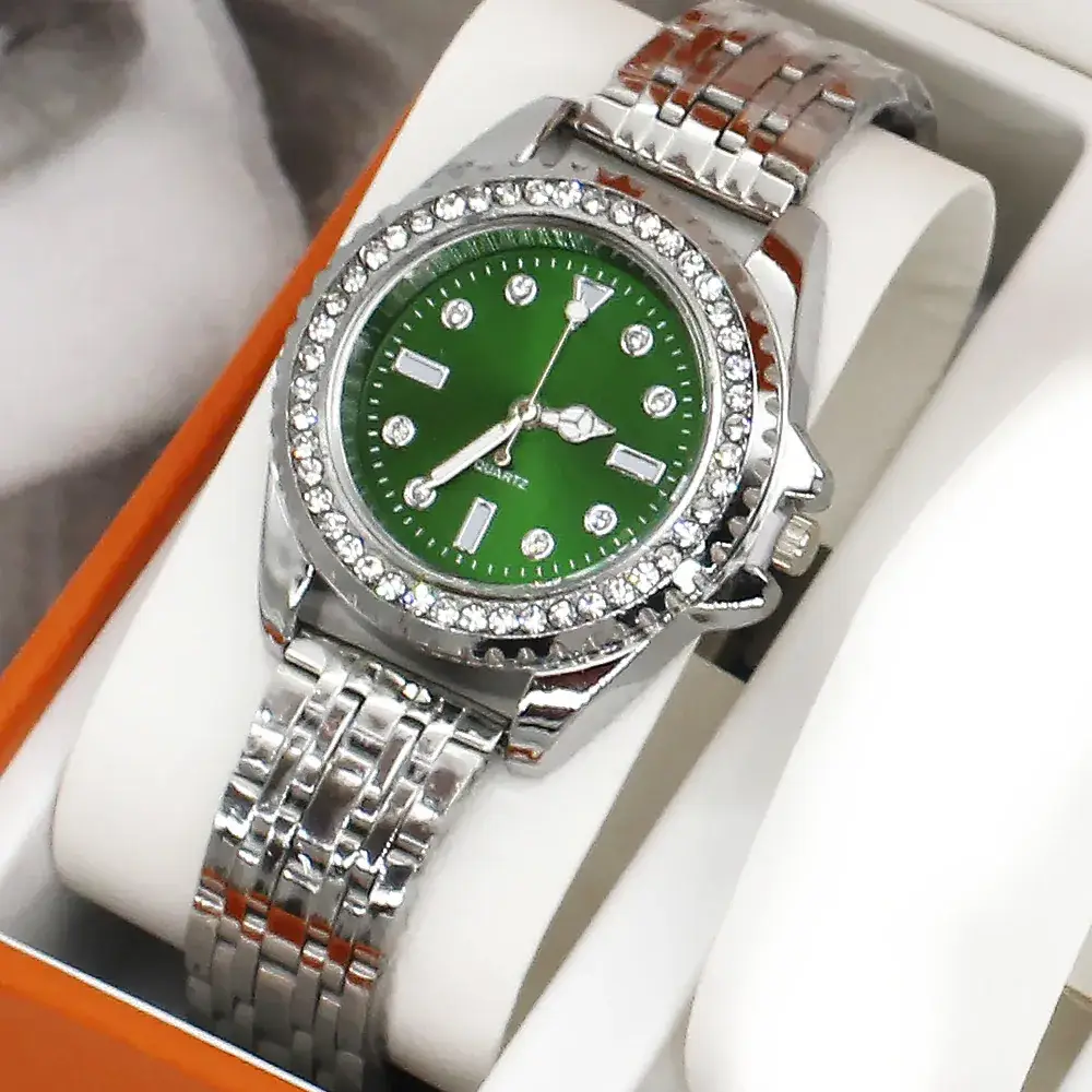 Women's Green Quartz Watch with Diamond Chain Necklace Set
