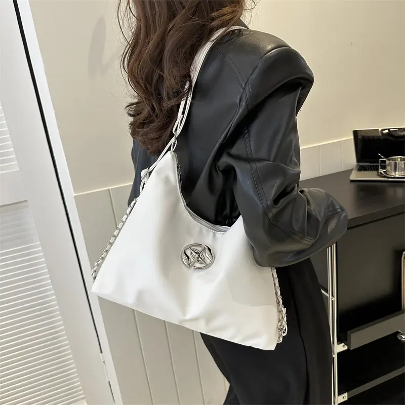 White Leather Shoulder Bag with Logo - Image 7