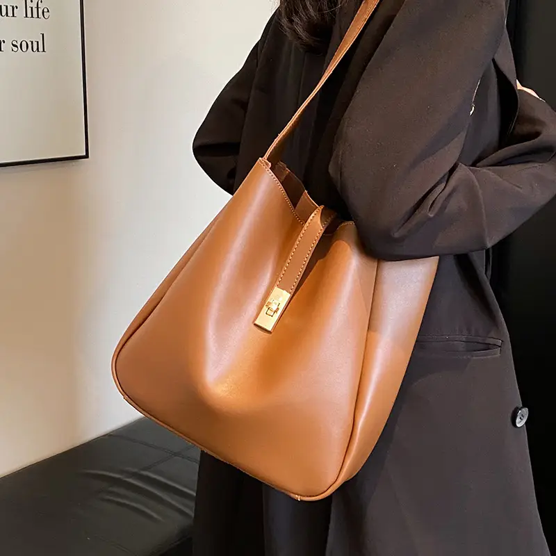 Women's Large Capacity Shoulder Crossbody Bag Brown Gold Clasp - Image 7