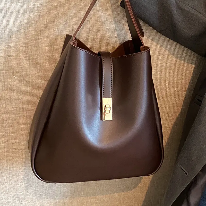 Women's Large Capacity Shoulder Crossbody Bag Brown Gold Clasp - Image 4