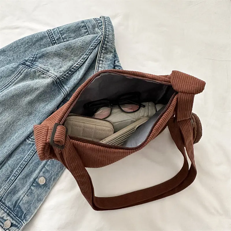 New Fashion Shoulder Bag for Women Brown Corduroy Large Capacity - Image 12