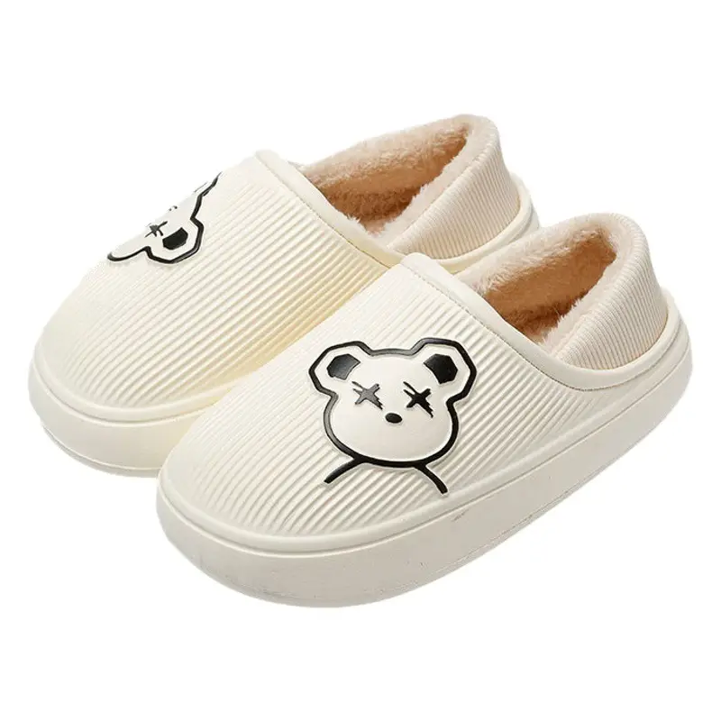 Women Cartoon Bear Slippers Black White Warm Indoor