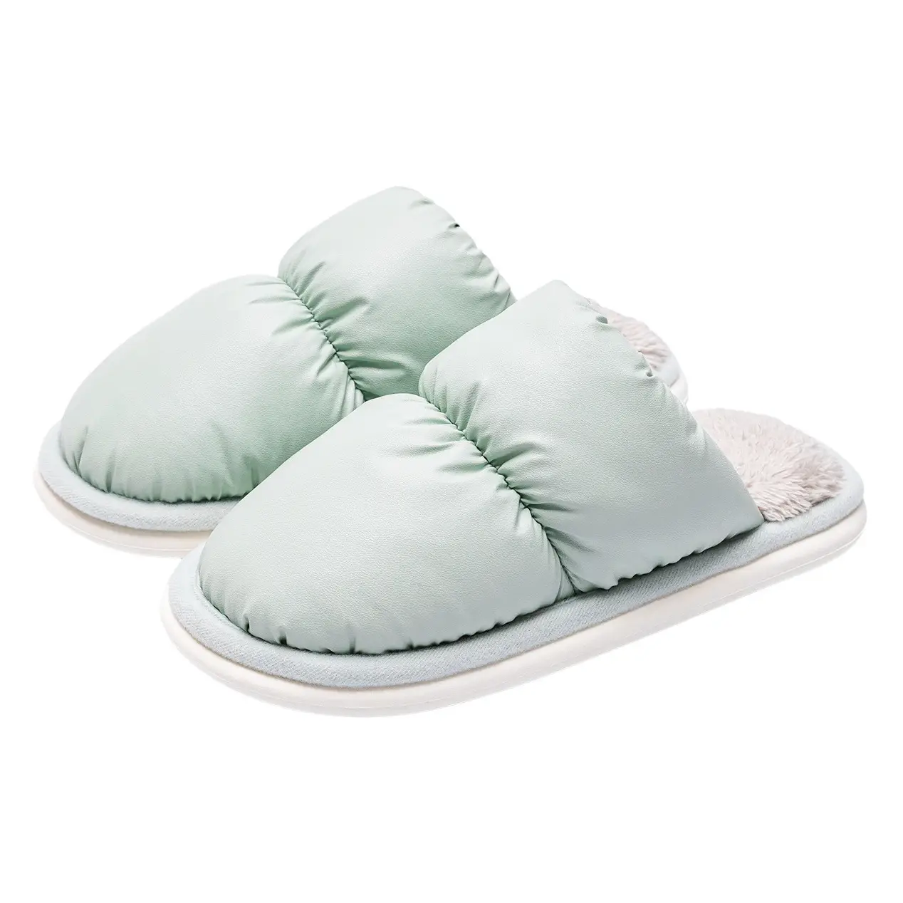 Women Waterproof Cotton Slippers Green Fleece Warm Thick