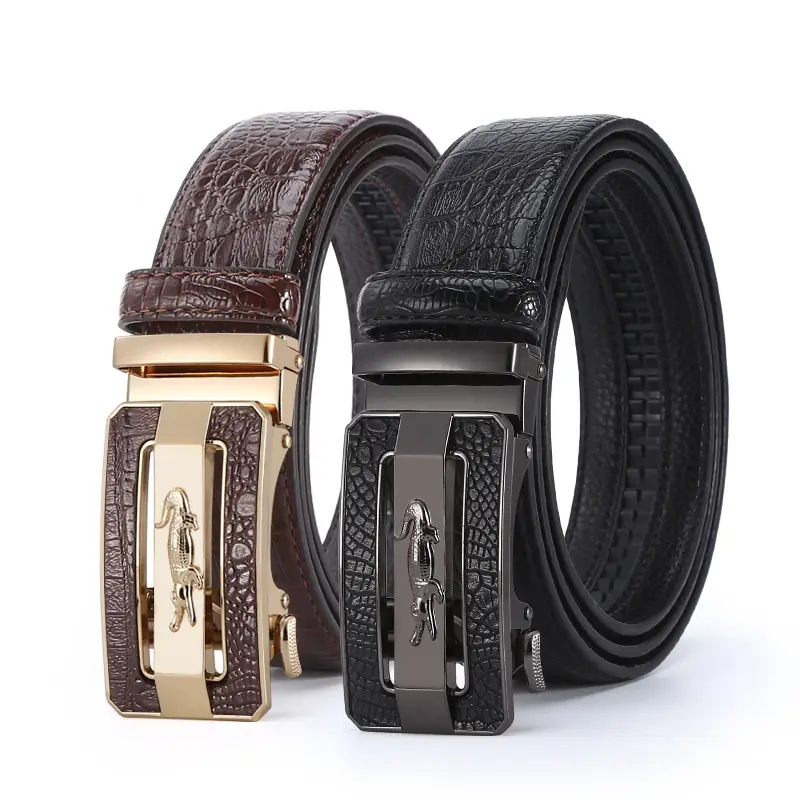 Men's Crocodile Leather Belt with Automatic Buckle Black & Brown