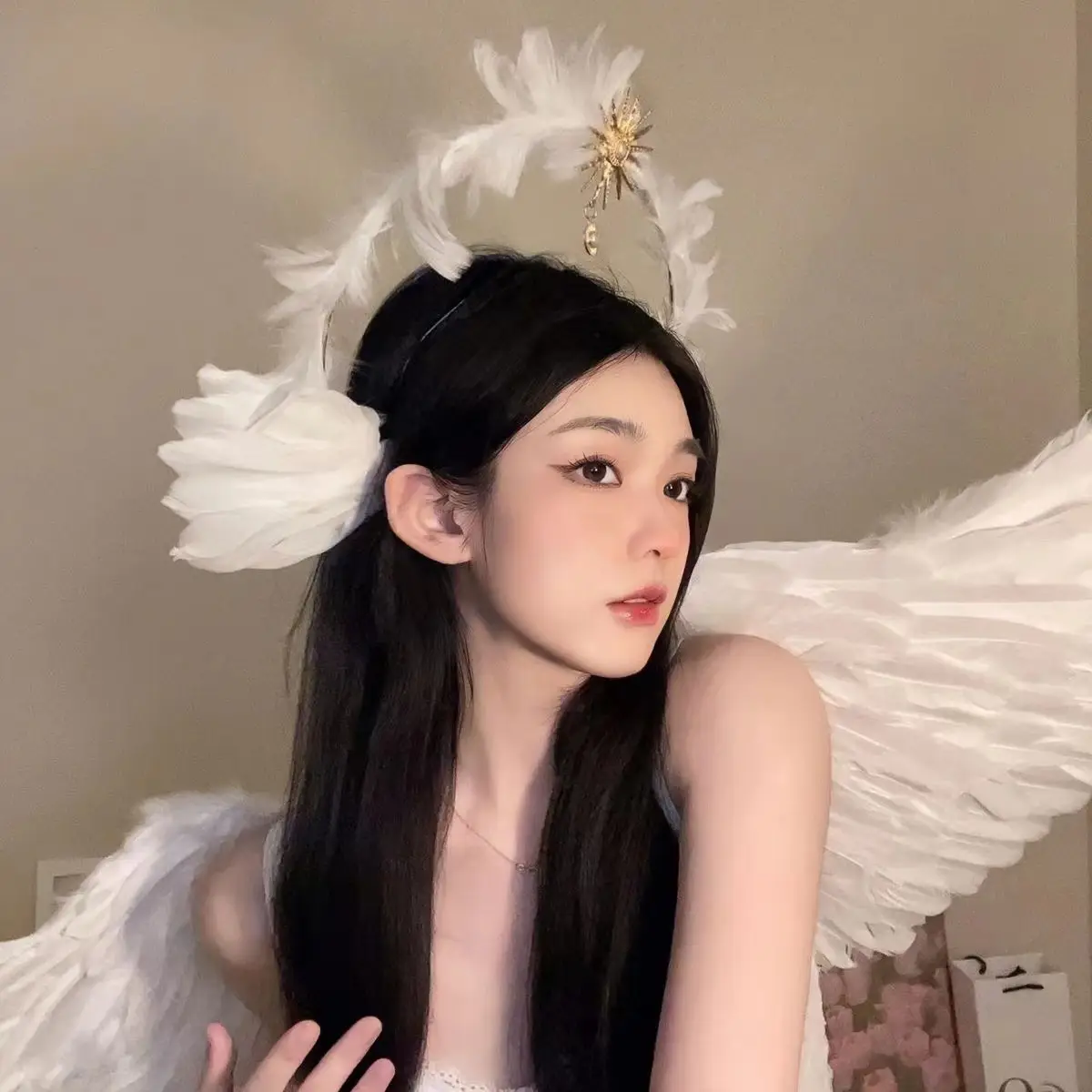 White Feather Headband with LED Lights for Women - Image 3