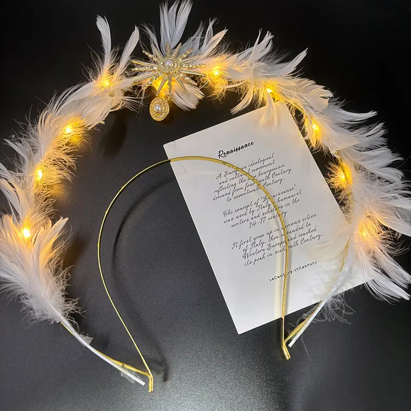 White Feather Headband with LED Lights for Women - Image 10