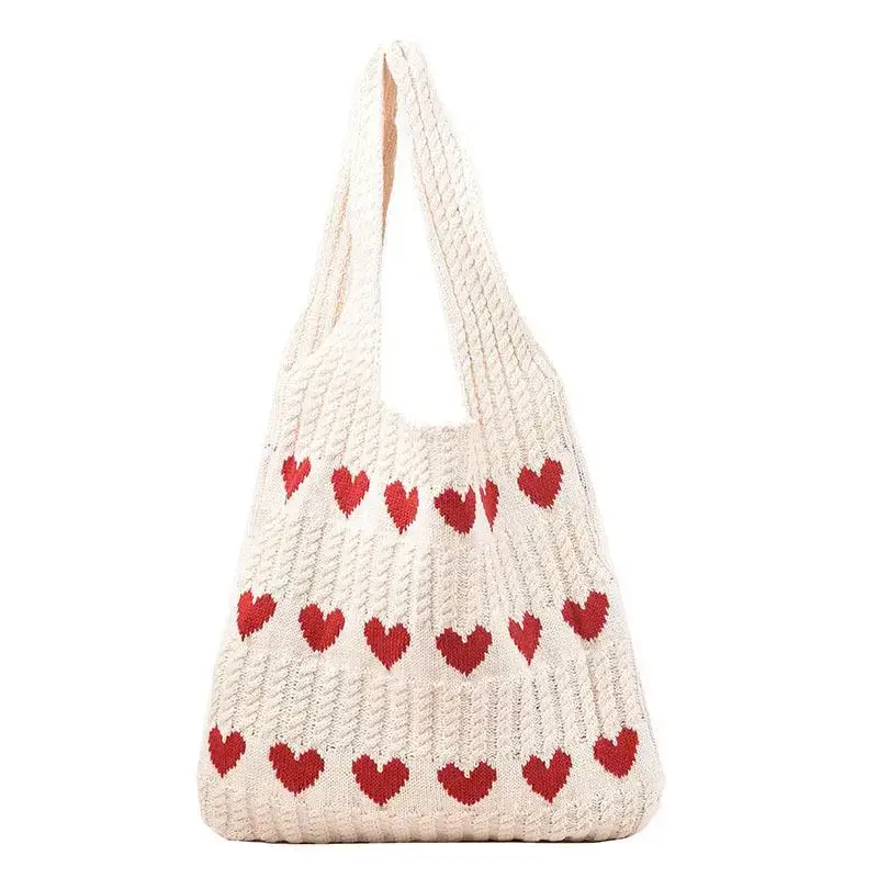 Green Heart Print Knitted Women's Shoulder Bag - Image 9