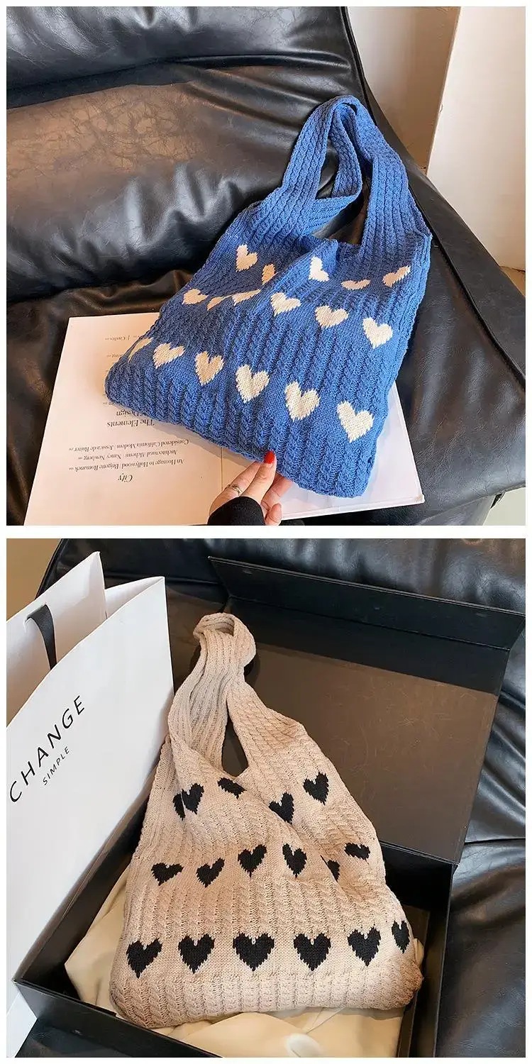 Green Heart Print Knitted Women's Shoulder Bag — feature 10
