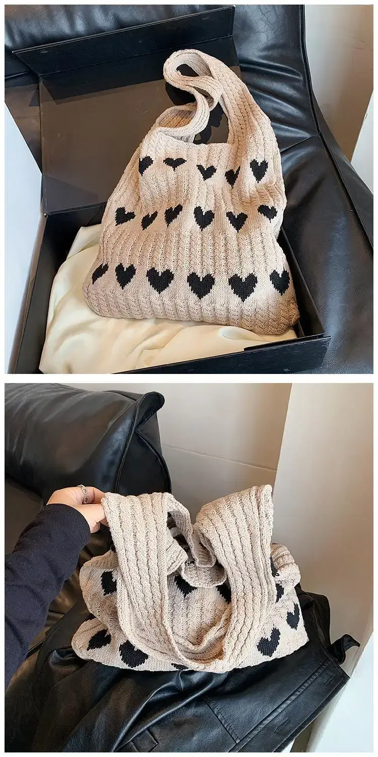 Green Heart Print Knitted Women's Shoulder Bag — feature 11