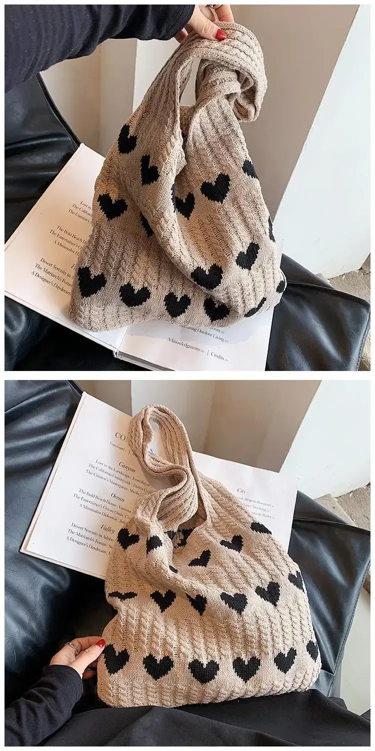 Green Heart Print Knitted Women's Shoulder Bag — feature 12