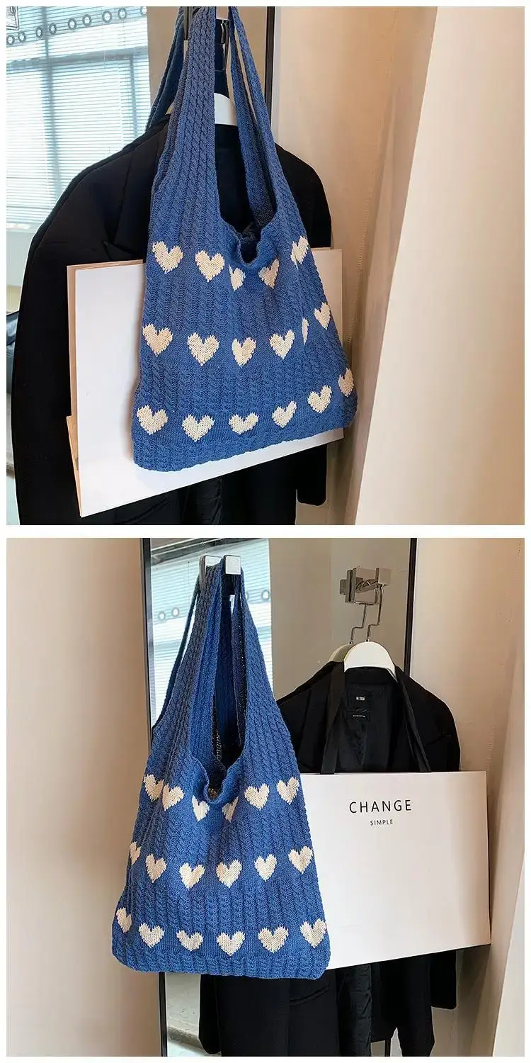 Green Heart Print Knitted Women's Shoulder Bag — feature 13