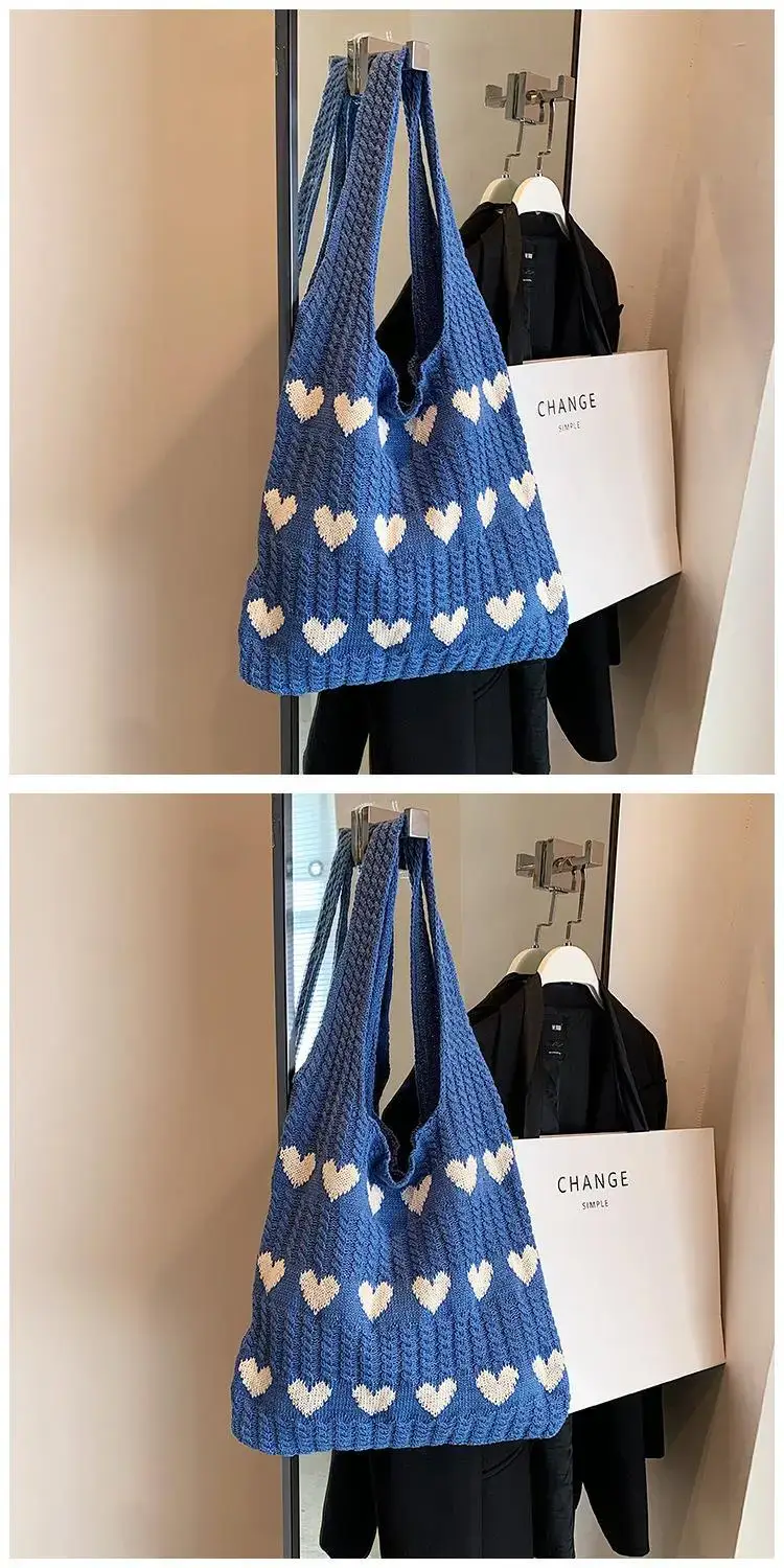 Green Heart Print Knitted Women's Shoulder Bag — feature 14