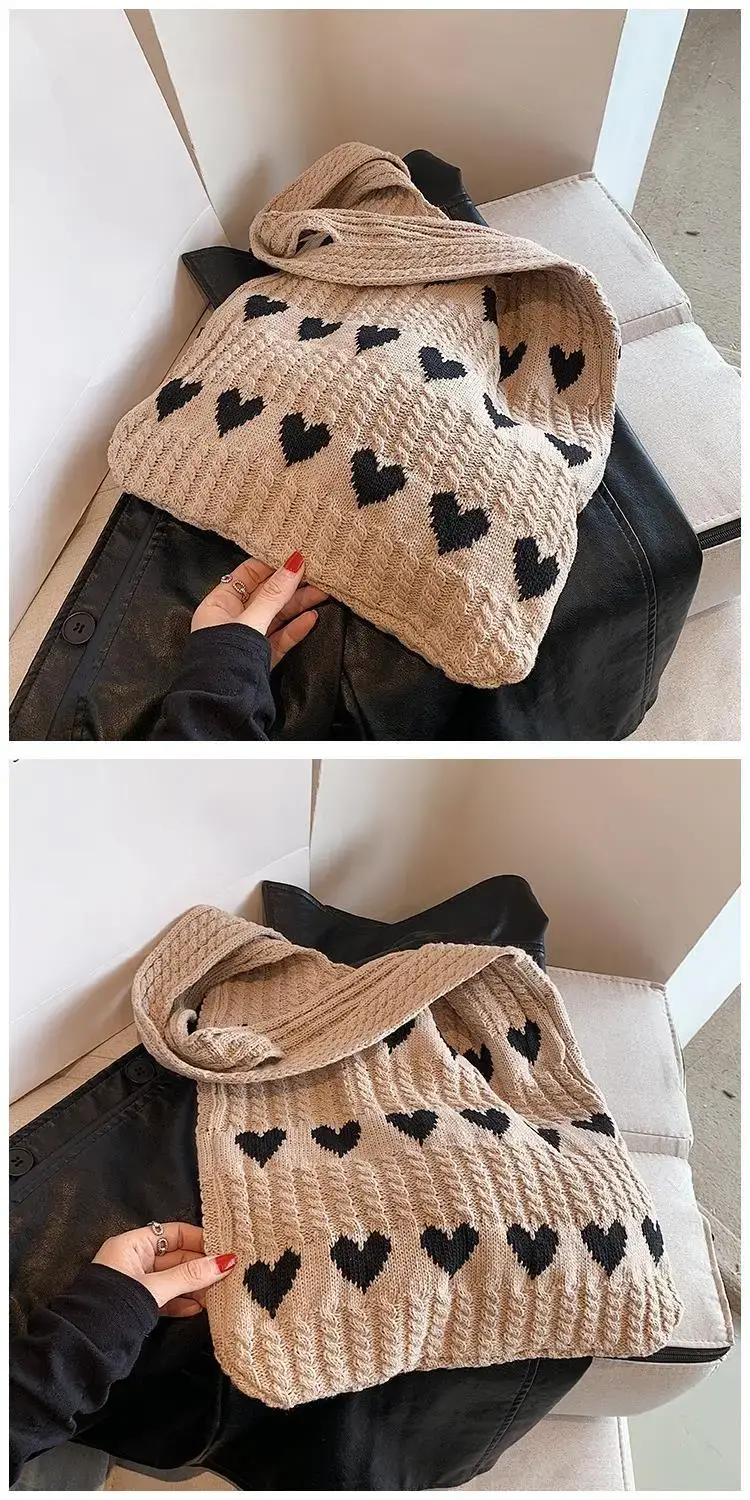 Green Heart Print Knitted Women's Shoulder Bag — feature 15