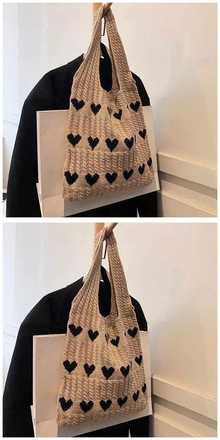 Green Heart Print Knitted Women's Shoulder Bag — feature 16