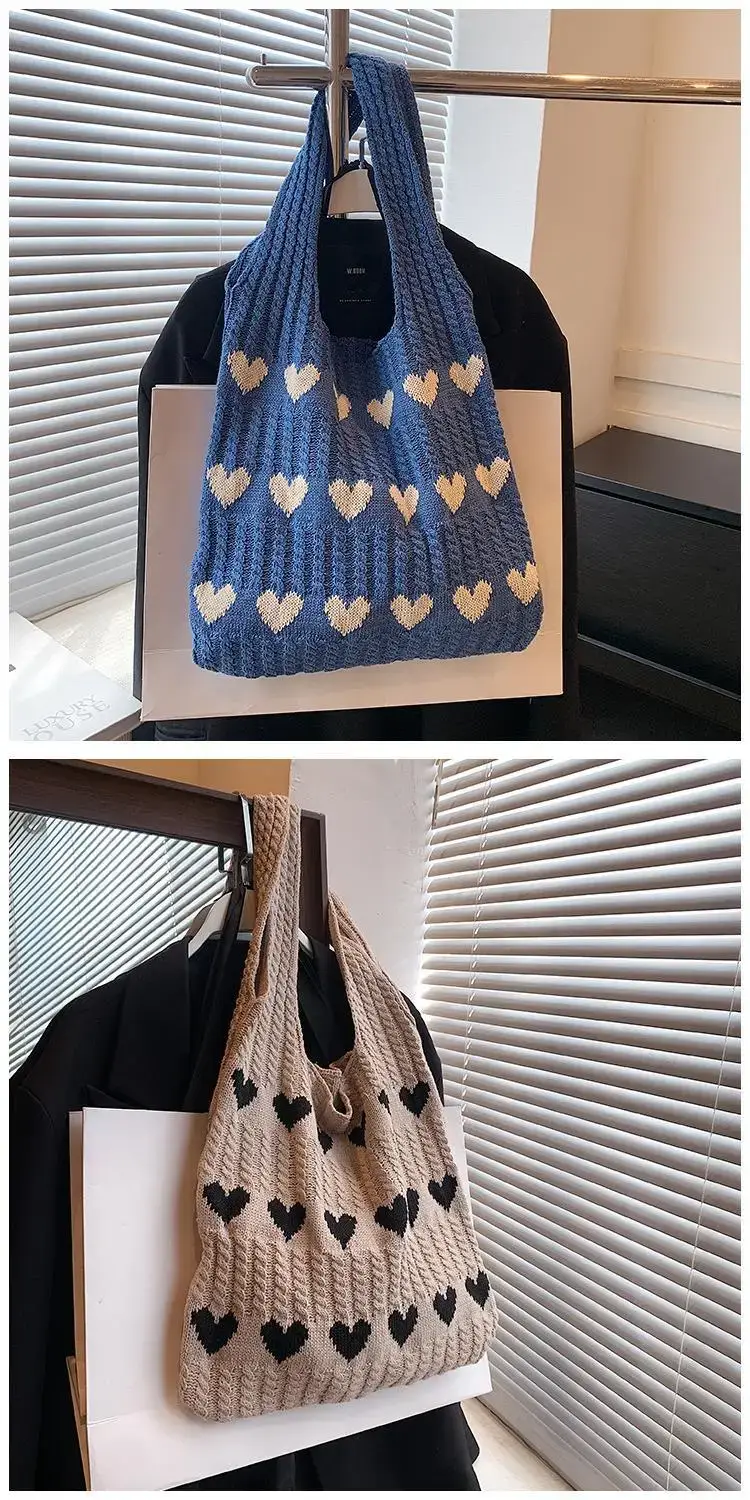 Green Heart Print Knitted Women's Shoulder Bag — feature 18