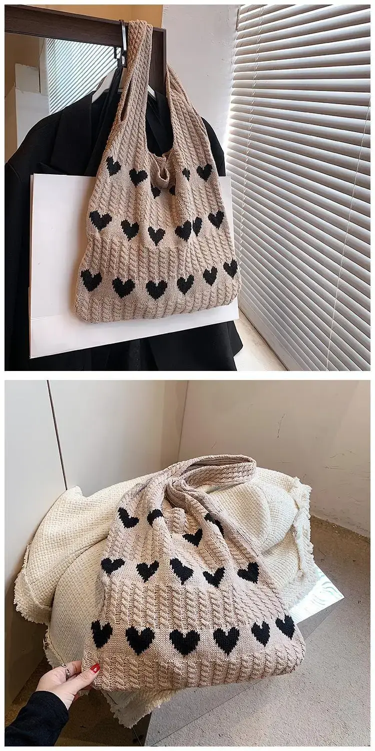 Green Heart Print Knitted Women's Shoulder Bag — feature 19