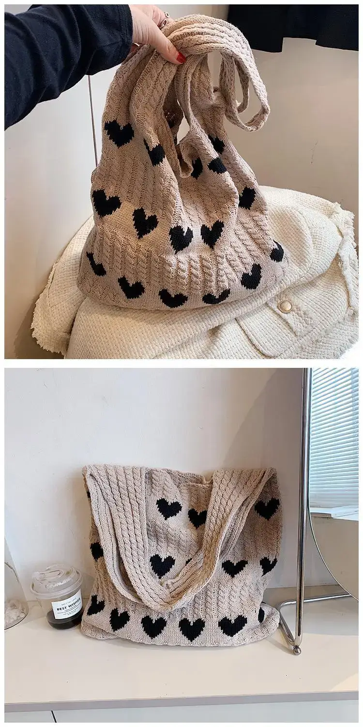 Green Heart Print Knitted Women's Shoulder Bag — feature 20