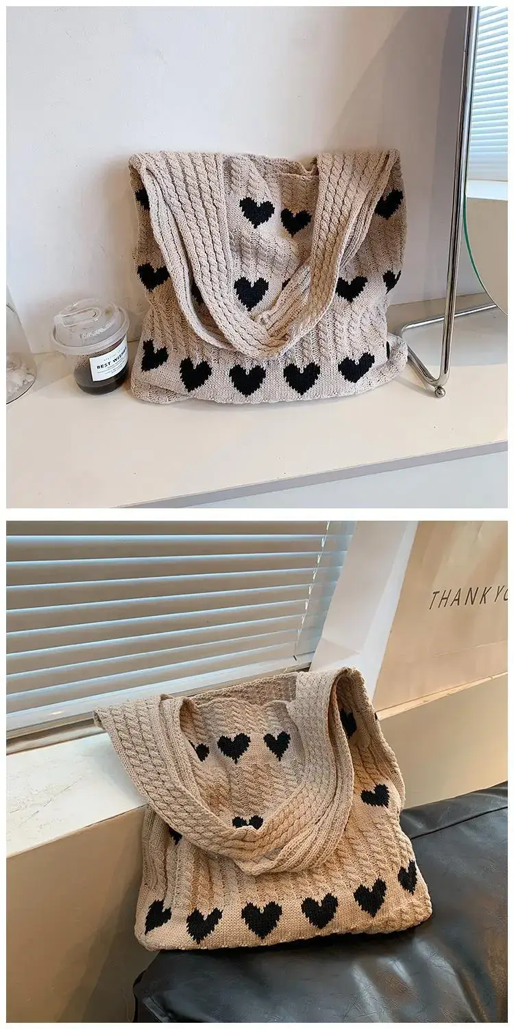 Green Heart Print Knitted Women's Shoulder Bag — feature 21