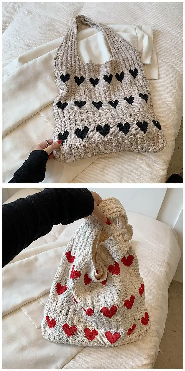 Green Heart Print Knitted Women's Shoulder Bag — feature 22