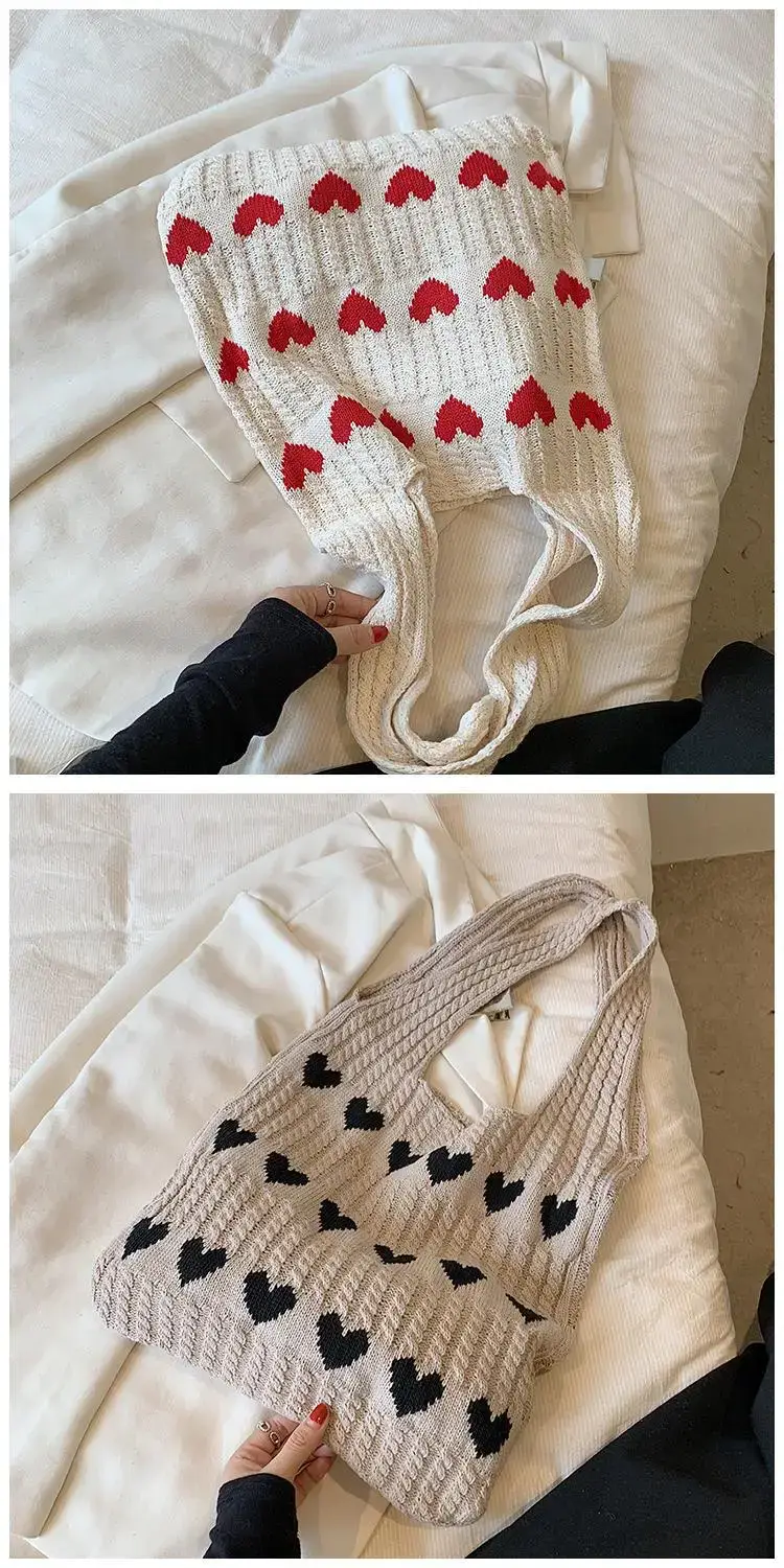 Green Heart Print Knitted Women's Shoulder Bag — feature 23