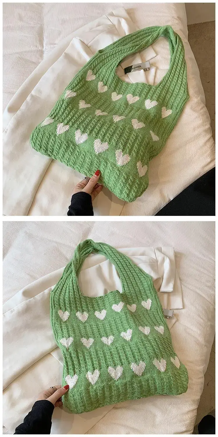 Green Heart Print Knitted Women's Shoulder Bag — feature 25