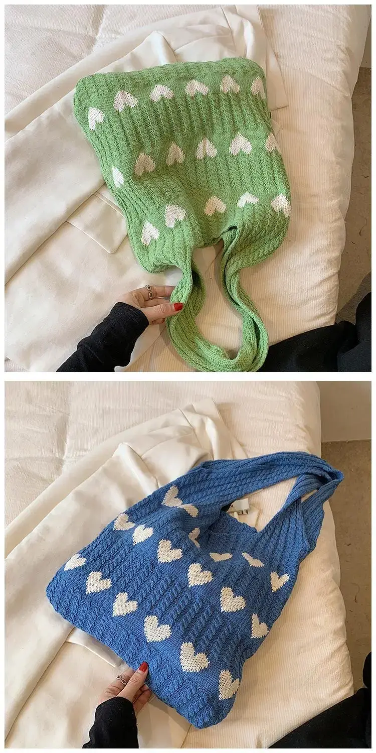 Green Heart Print Knitted Women's Shoulder Bag — feature 26