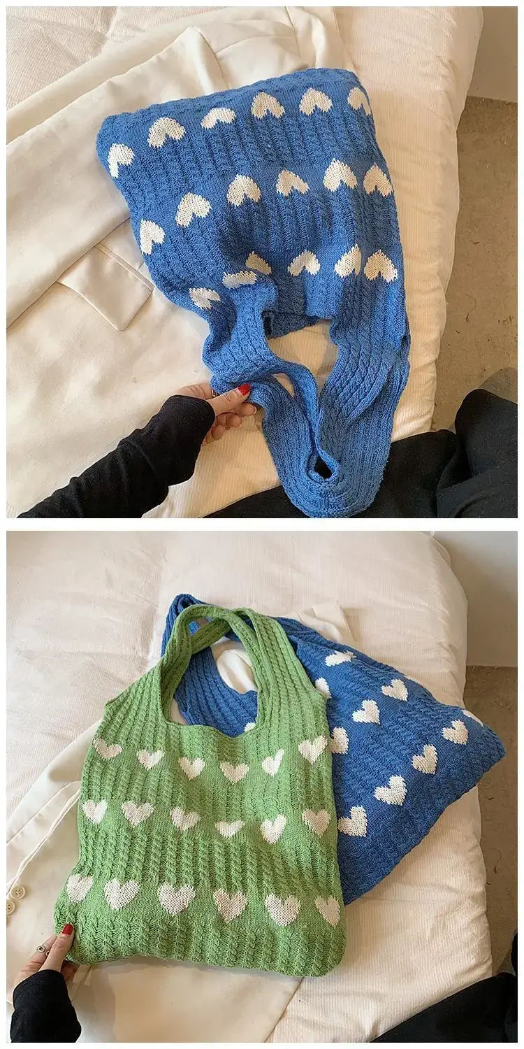 Green Heart Print Knitted Women's Shoulder Bag — feature 27