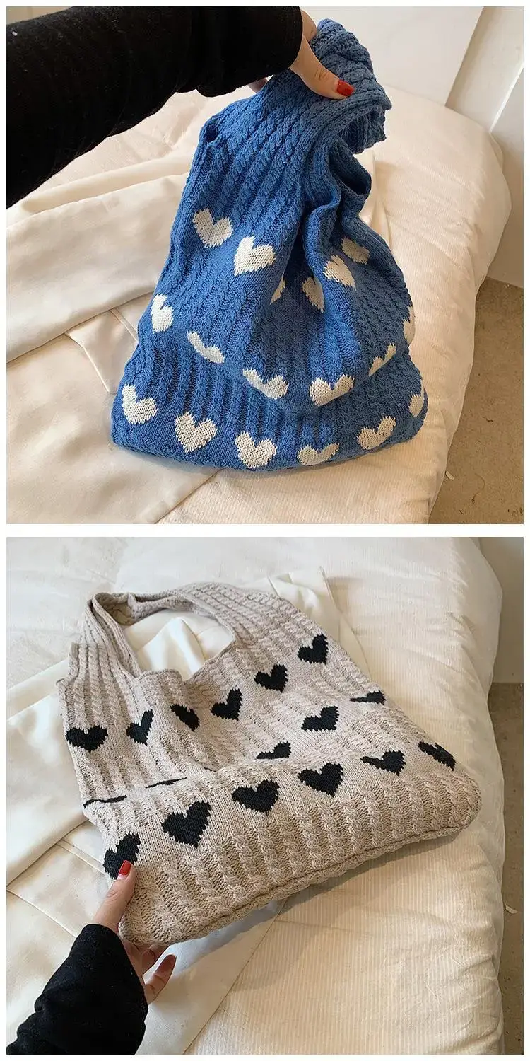 Green Heart Print Knitted Women's Shoulder Bag — feature 28