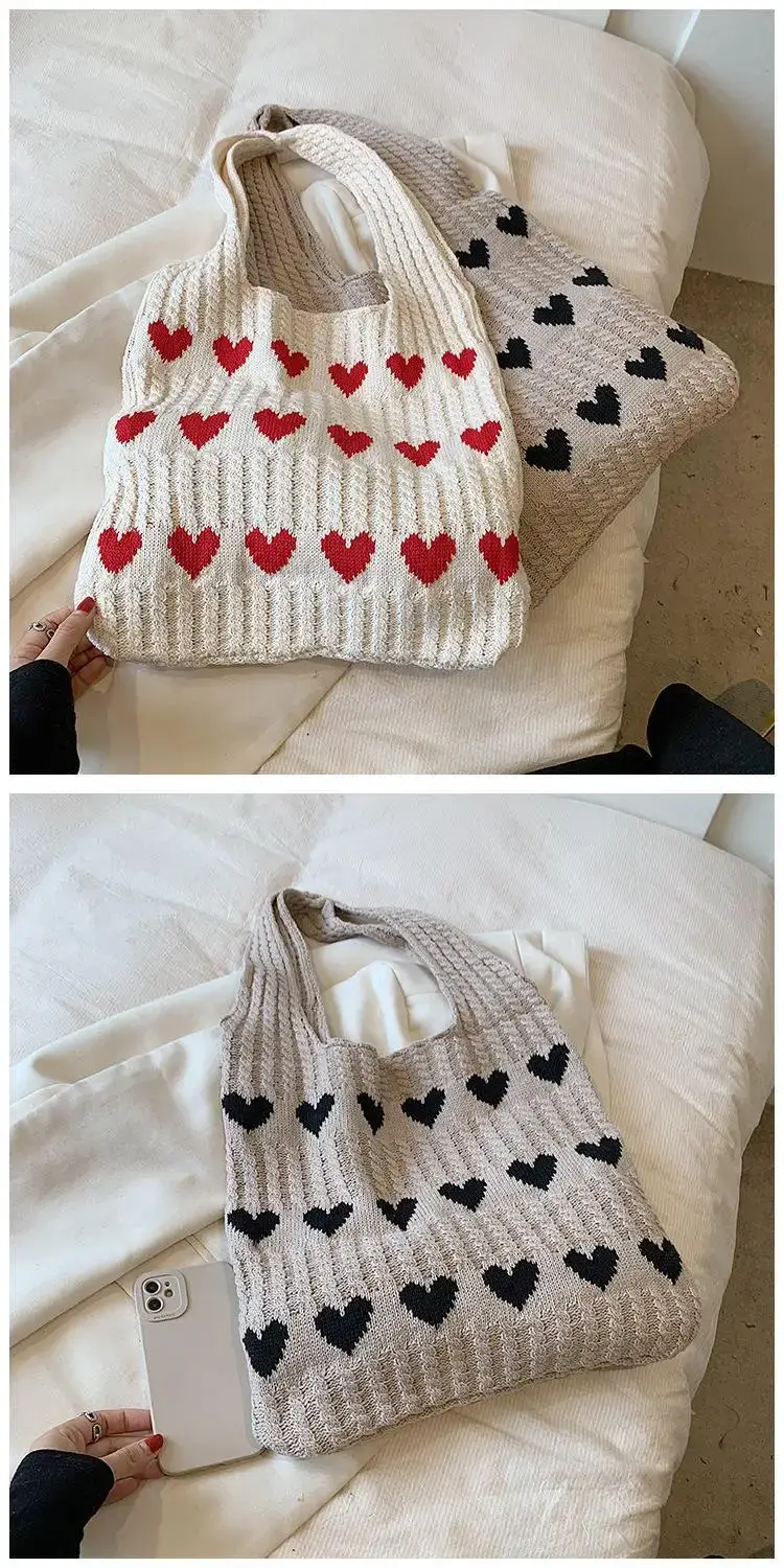 Green Heart Print Knitted Women's Shoulder Bag — feature 29