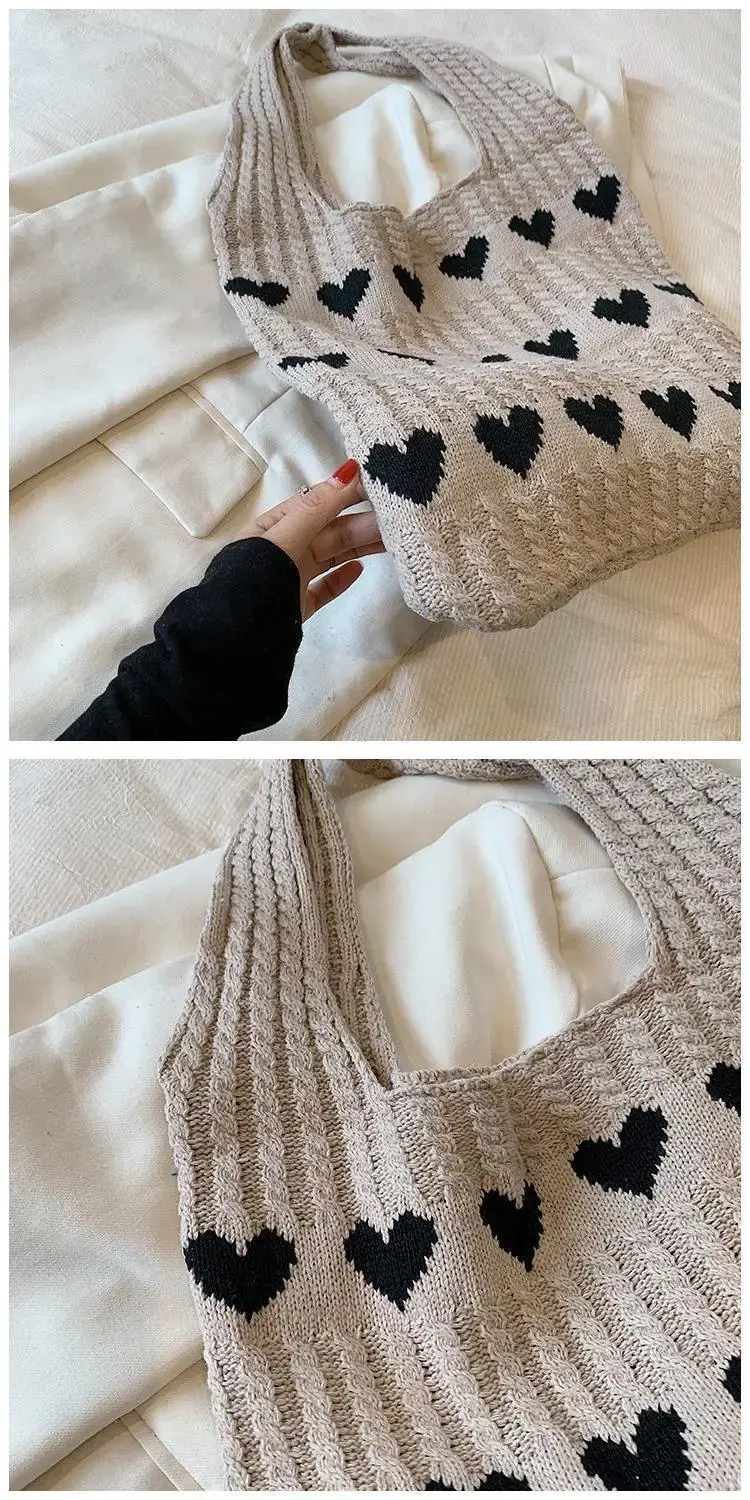 Green Heart Print Knitted Women's Shoulder Bag — feature 30