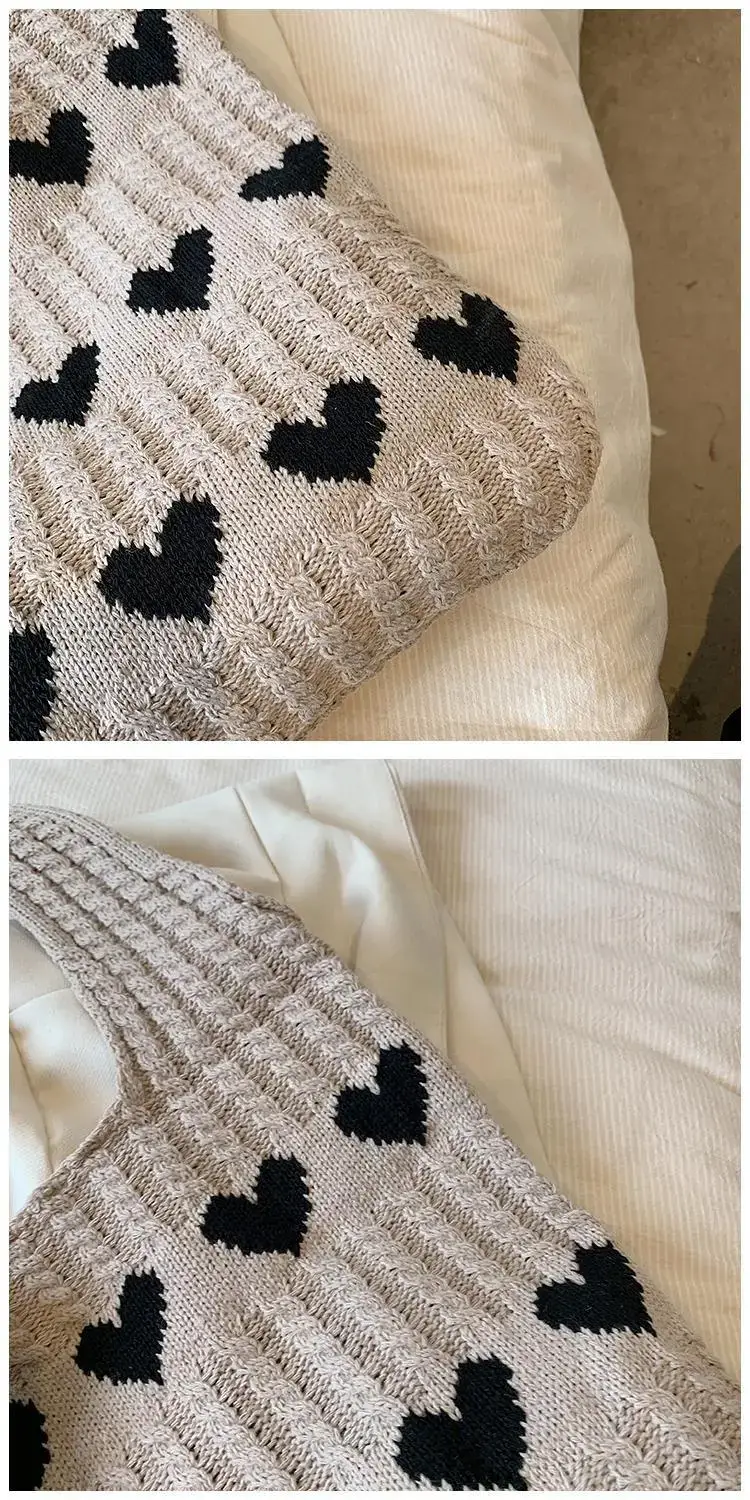 Green Heart Print Knitted Women's Shoulder Bag — feature 31