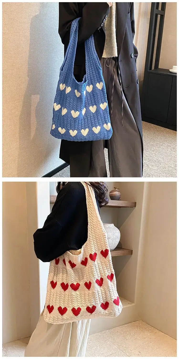 Green Heart Print Knitted Women's Shoulder Bag — feature 32