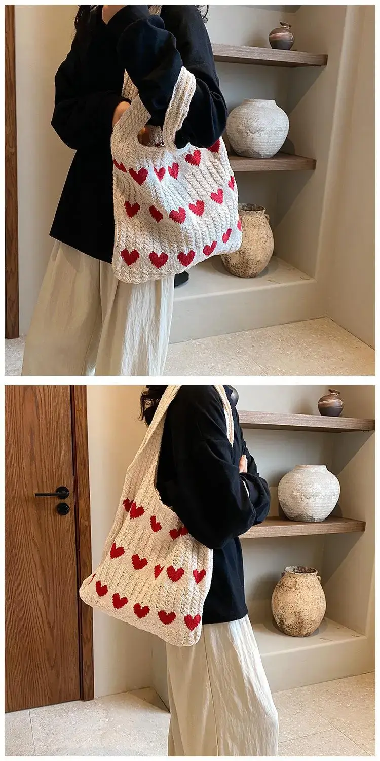 Green Heart Print Knitted Women's Shoulder Bag — feature 34