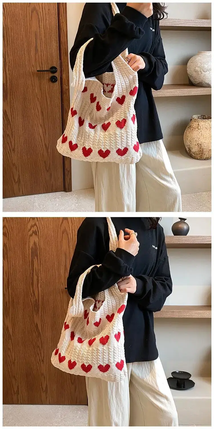 Green Heart Print Knitted Women's Shoulder Bag — feature 35