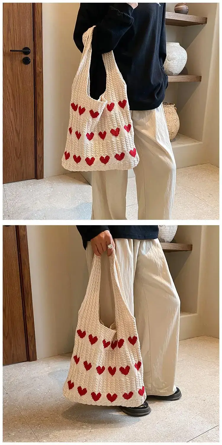 Green Heart Print Knitted Women's Shoulder Bag — feature 36