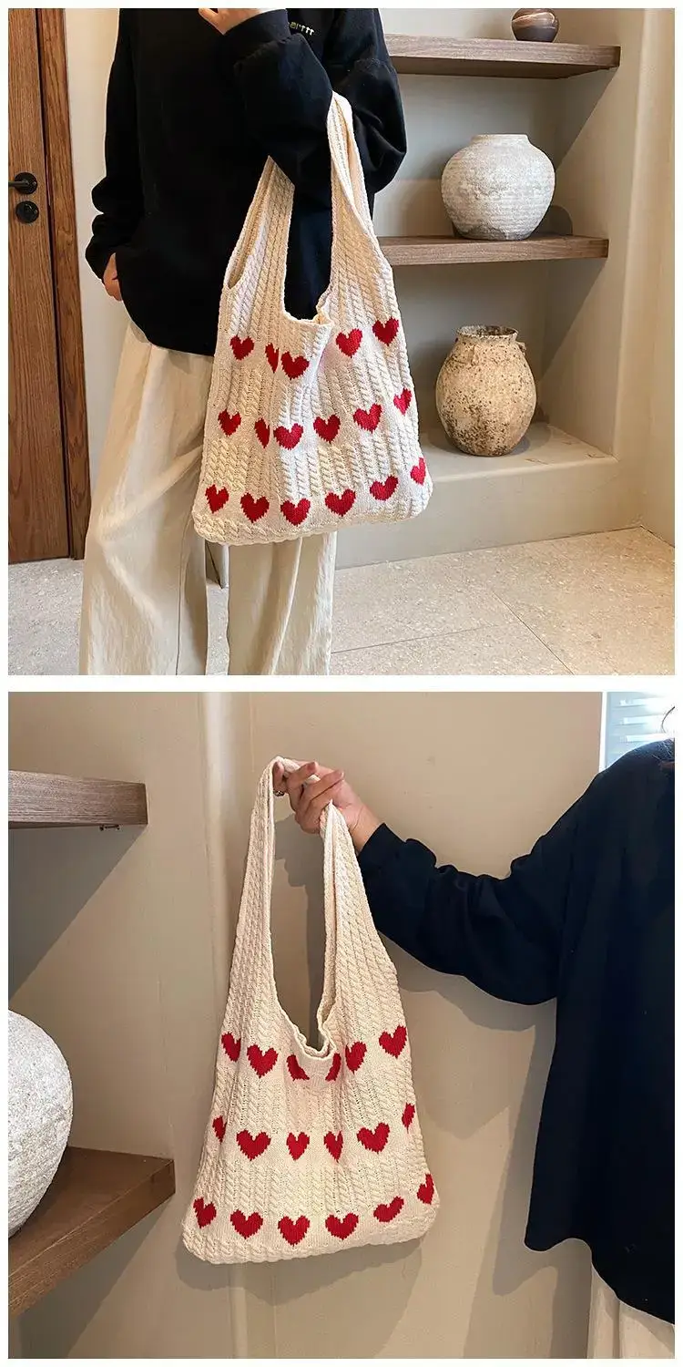 Green Heart Print Knitted Women's Shoulder Bag — feature 37