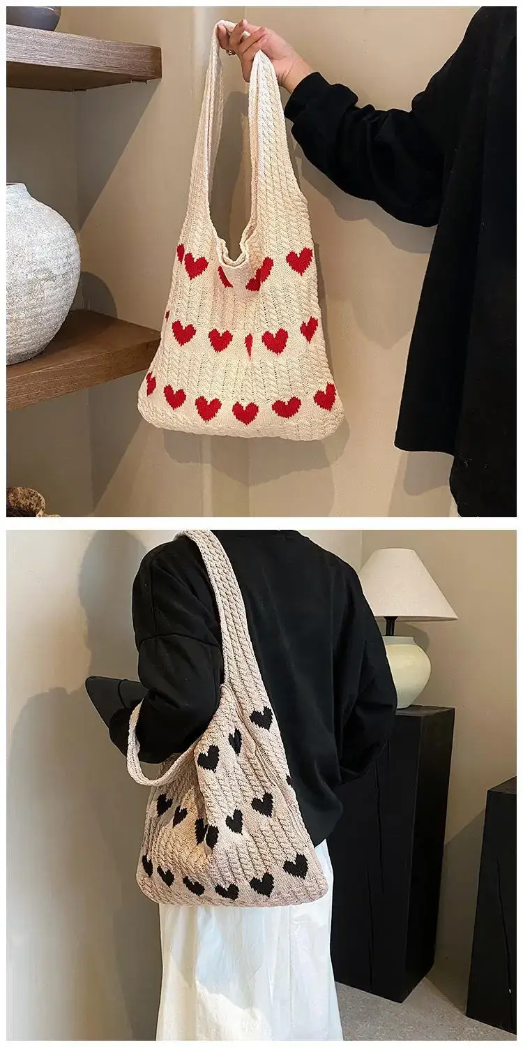Green Heart Print Knitted Women's Shoulder Bag — feature 38