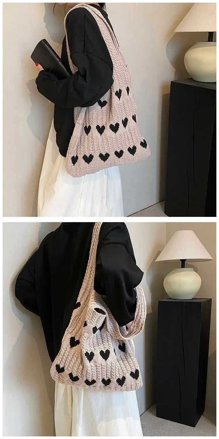 Green Heart Print Knitted Women's Shoulder Bag — feature 40