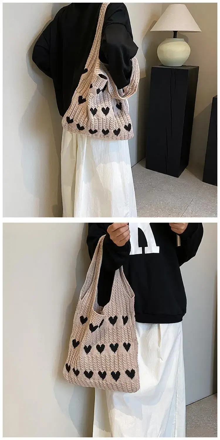 Green Heart Print Knitted Women's Shoulder Bag — feature 41