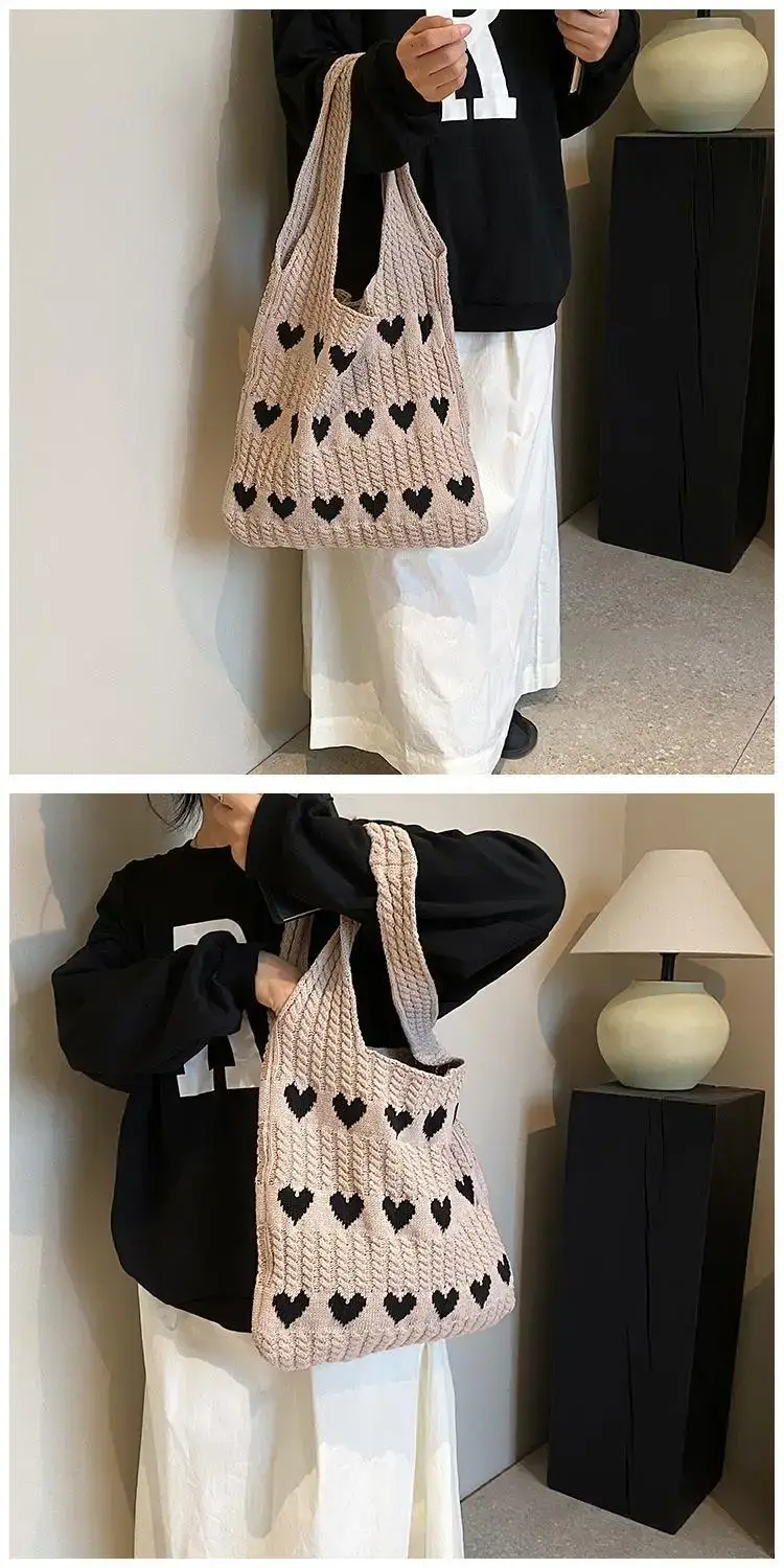 Green Heart Print Knitted Women's Shoulder Bag — feature 42