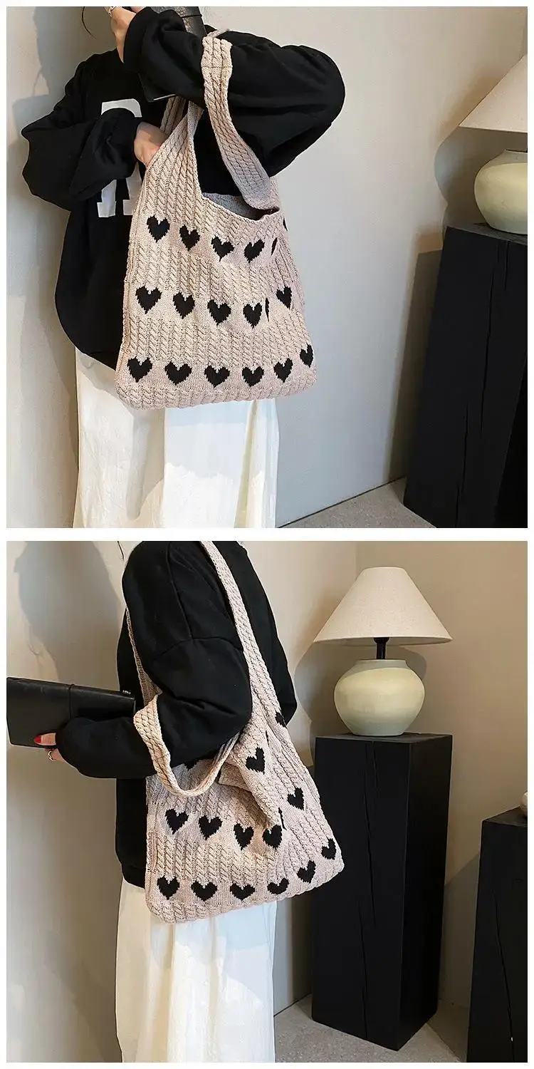 Green Heart Print Knitted Women's Shoulder Bag — feature 43