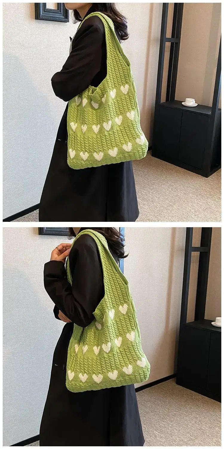 Green Heart Print Knitted Women's Shoulder Bag — feature 44