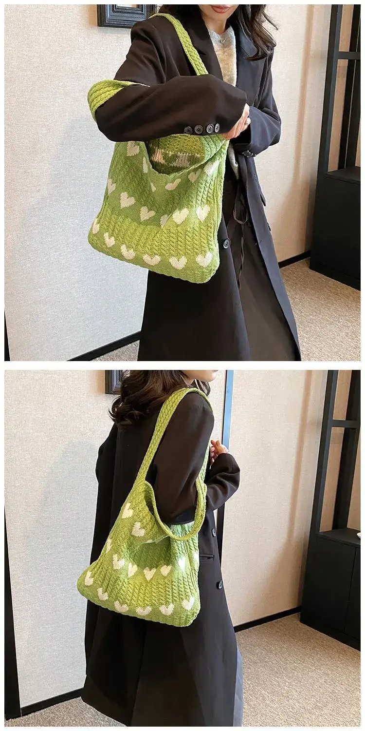 Green Heart Print Knitted Women's Shoulder Bag — feature 45