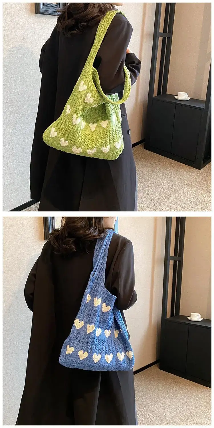 Green Heart Print Knitted Women's Shoulder Bag — feature 46