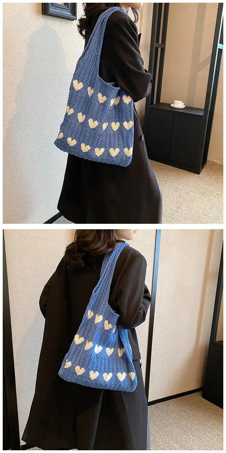 Green Heart Print Knitted Women's Shoulder Bag — feature 47