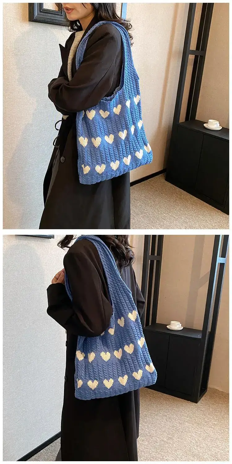 Green Heart Print Knitted Women's Shoulder Bag — feature 48
