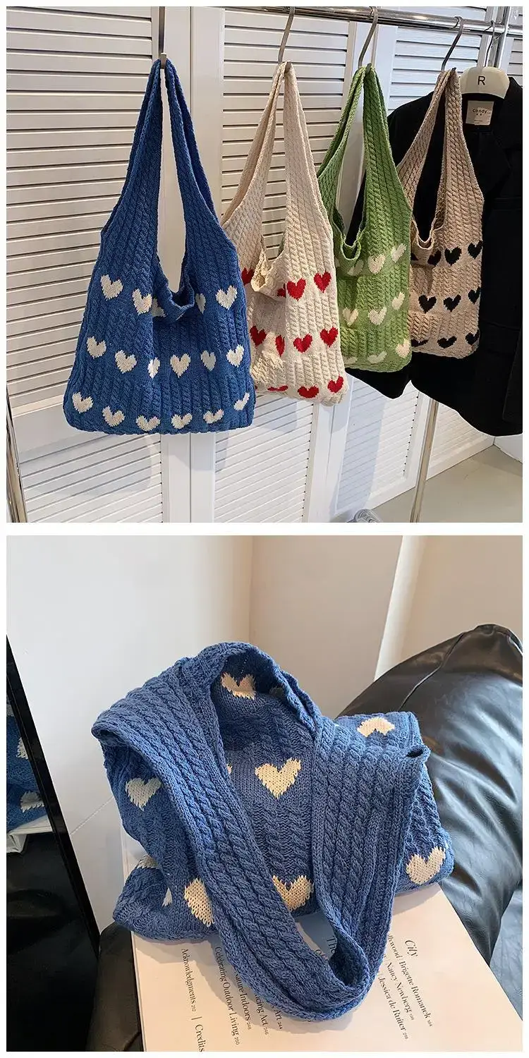 Green Heart Print Knitted Women's Shoulder Bag — feature 7