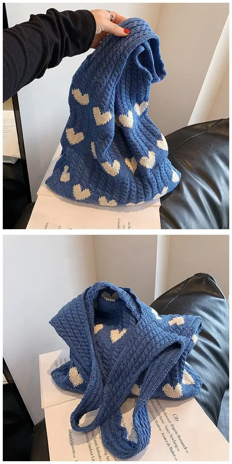 Green Heart Print Knitted Women's Shoulder Bag — feature 8